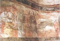 Chapelle lat. droite, Fresque de la Vierge (14e), Annonciation, Visitation, Naissance de Jesus